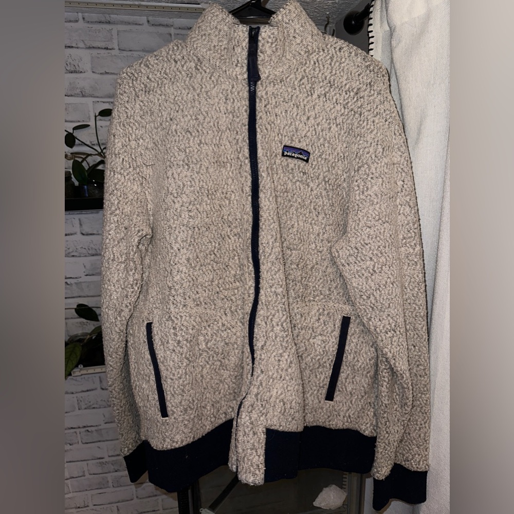 Patagonia Sweater Mens Large Oatmeal Woolyester Full Zip Wool Blend
